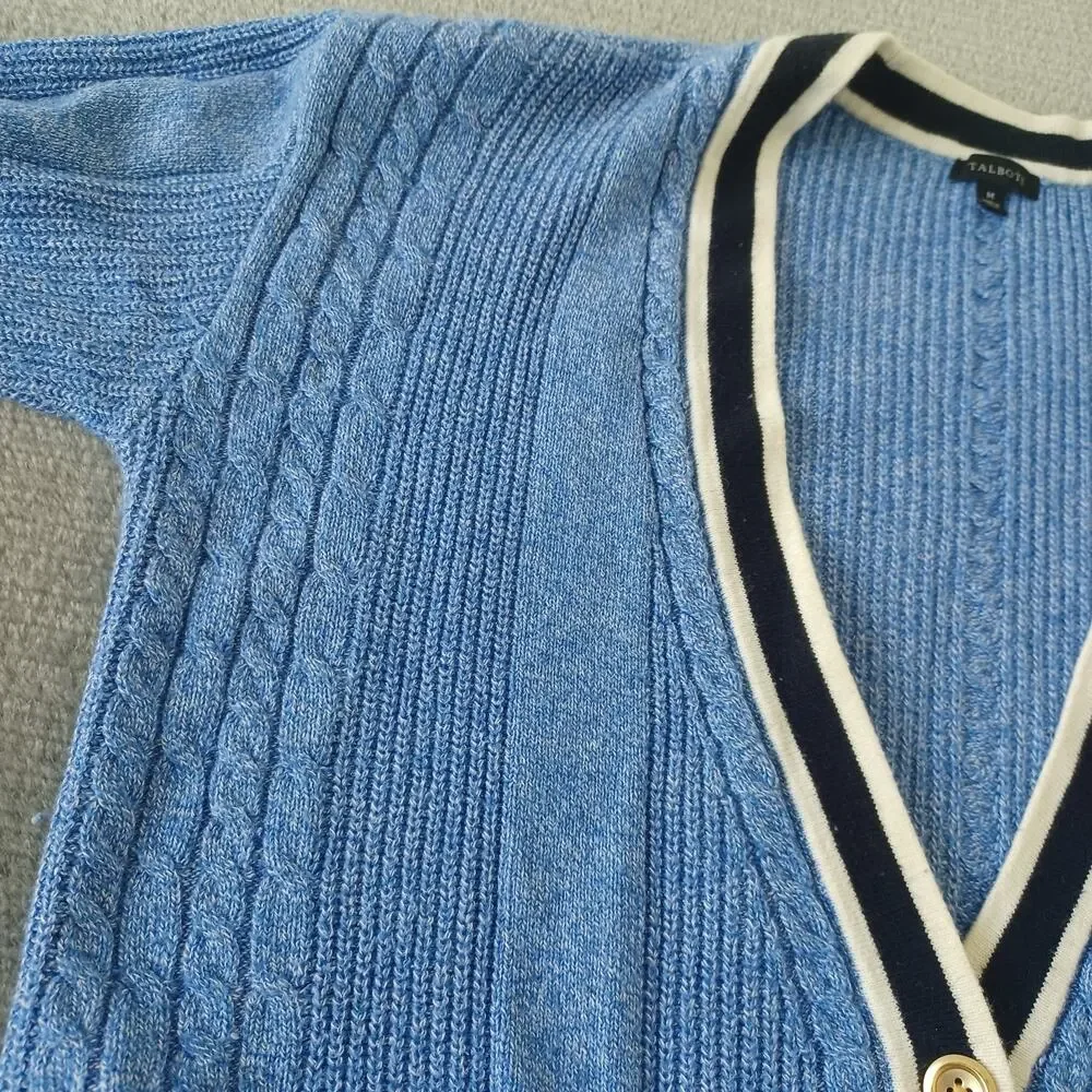 Talbots Cable Knit Cardigan Women M Blue Deep V-Neck Heavyweight Grannycore Cozy